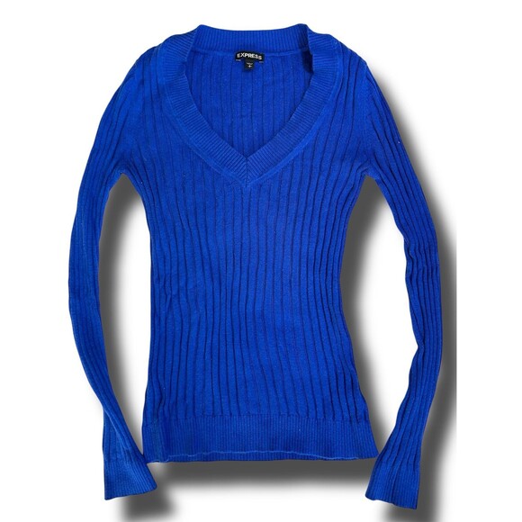 Express Fitted Ribbed V-neck Sweater size S Cobalt Blue - Picture 1 of 6